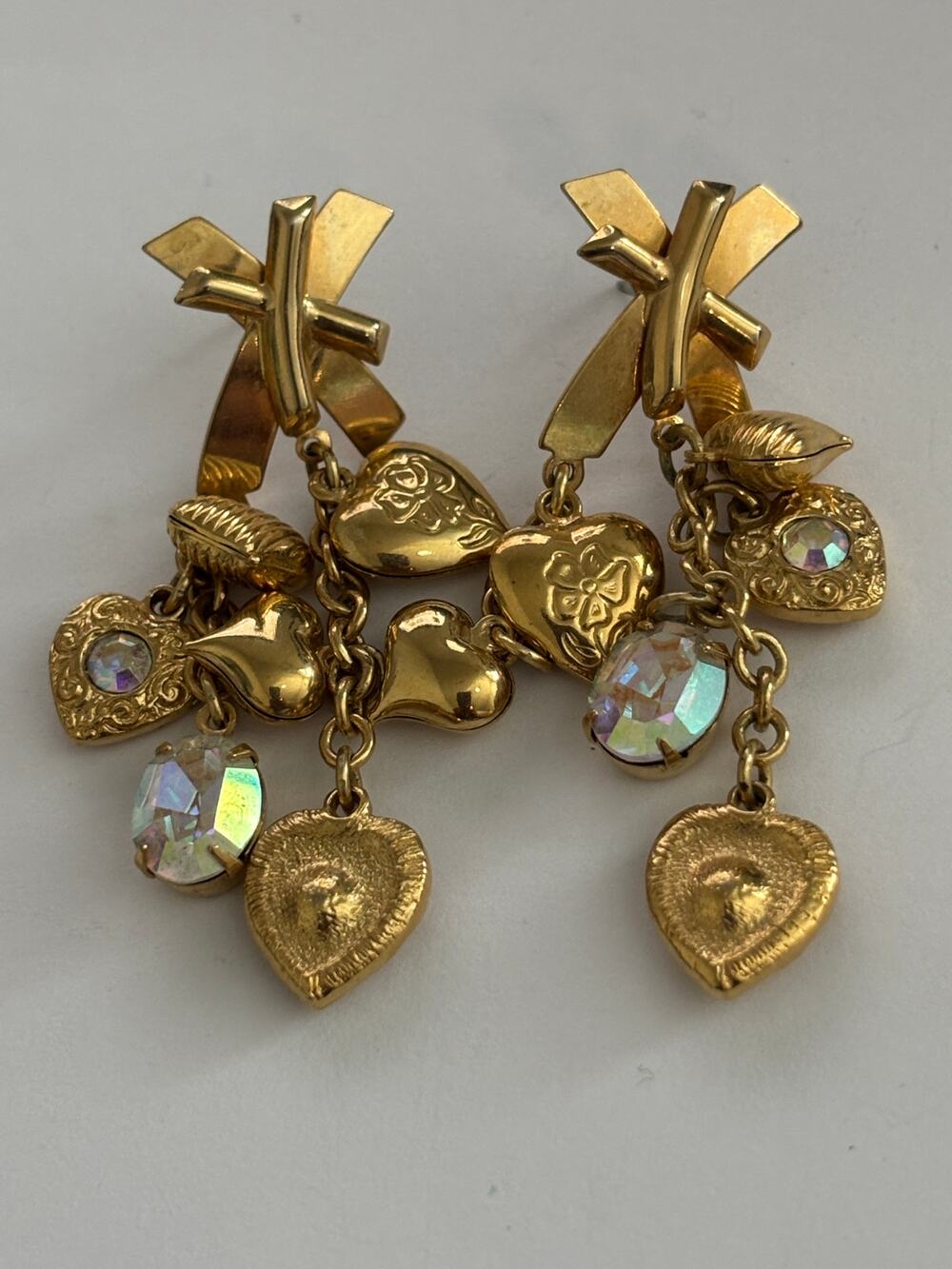 Vintage Kirks Folly Gold Tone Hearts & Charms Fangle Earrings